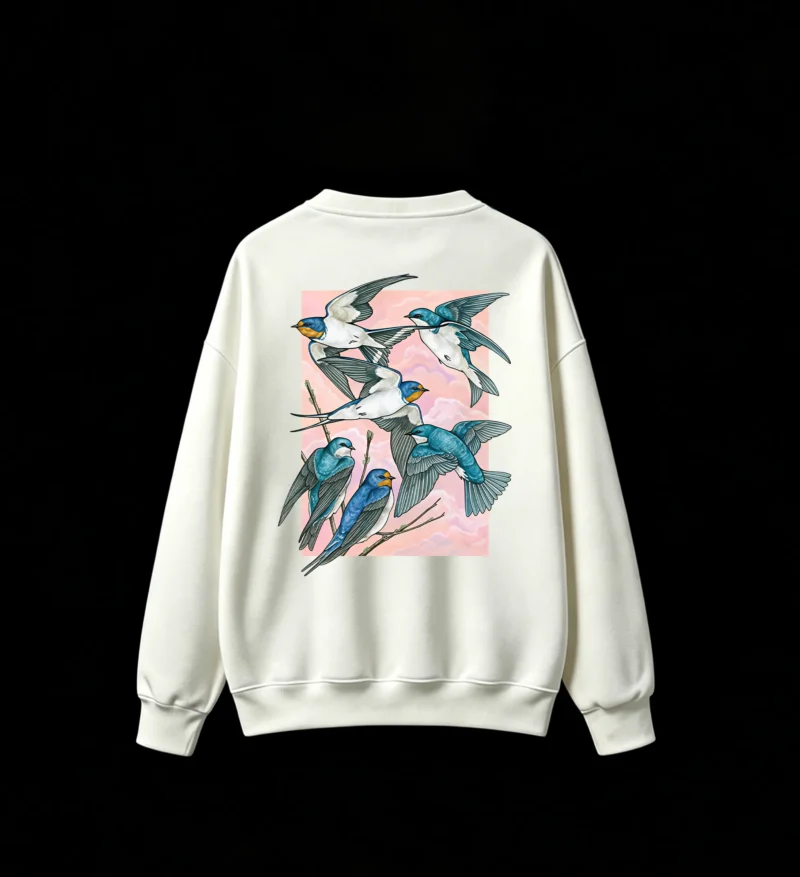 白卫 Barn Swallows Nature Illustration Vintage Print Crew Neck Hoodie