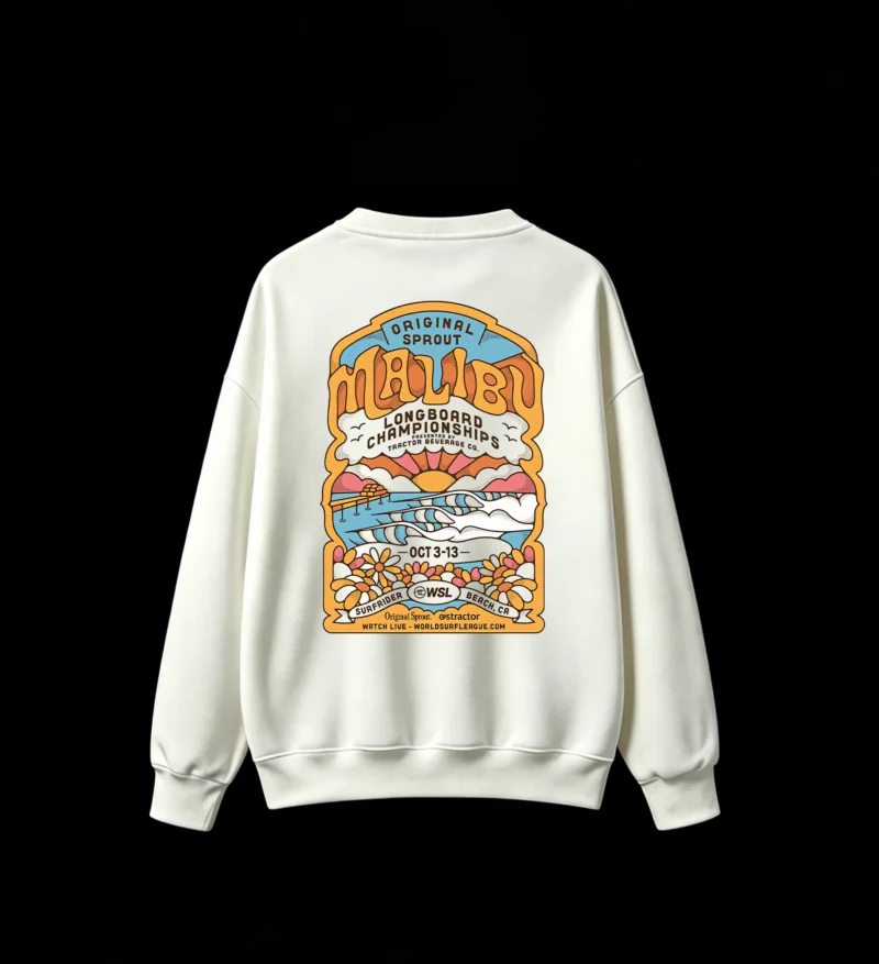 白卫 Original Sprout Malibu Longboard Championships Vintage Surf Poster Graphic Sweatshirt - Retro 70s 80s Style Crew Neck Cotton Sweatshirt