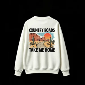 Country Roads Take Me Home Vintage Desert Landscape Saguaro Cactus Retro Americana Travel Solitude Longing Print Crew Neck Sweatshirt for Men Women