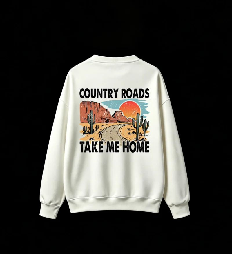 白卫 Country Roads Take Me Home Vintage Desert Landscape Saguaro Cactus Retro Americana Travel Solitude Longing Print Crew Neck Sweatshirt for Men Women