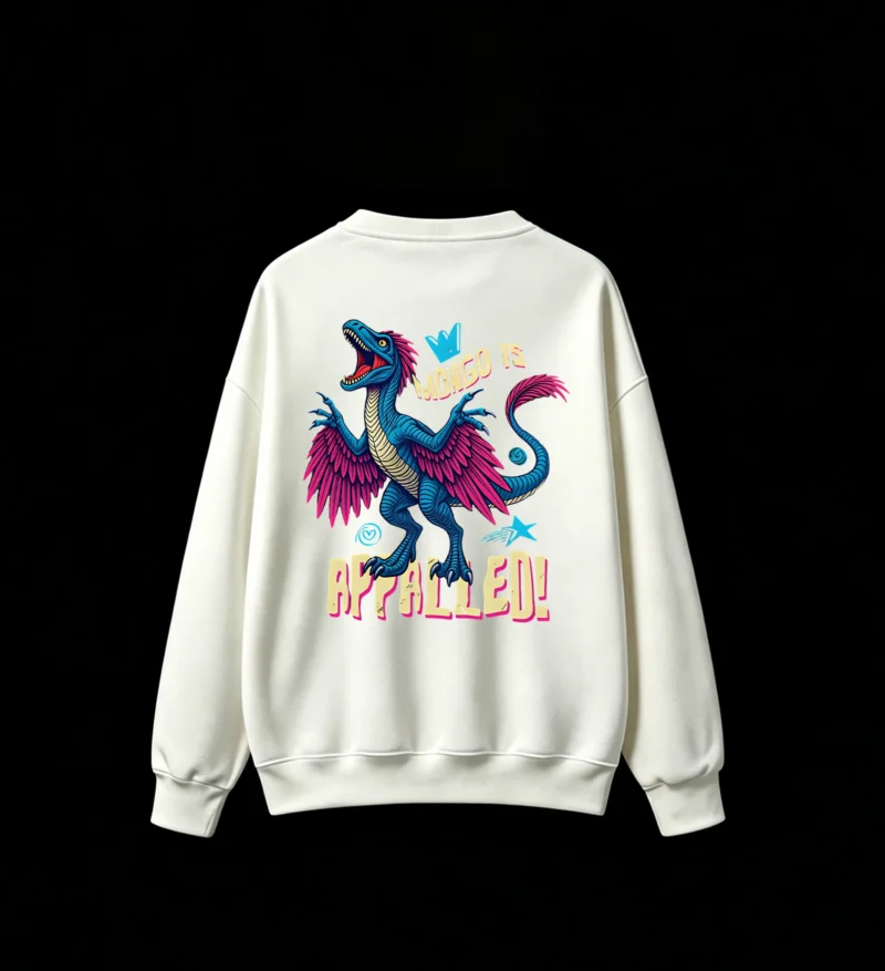 MONGO IS APPALLED! Retro 80s Cartoon Blue Dinosaur Shock Horror Graphic Crew Neck Sweatshirt