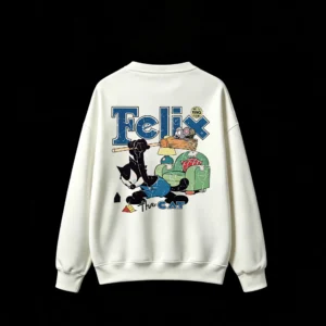 白卫 Felix The Cat Retro Vintage Illustration Oversized Crewneck Sweatshirt with Distressed Texture and Dynamic Pose - Unisex Streetwear Graphic Crew Neck Sweatshirt for Men Women