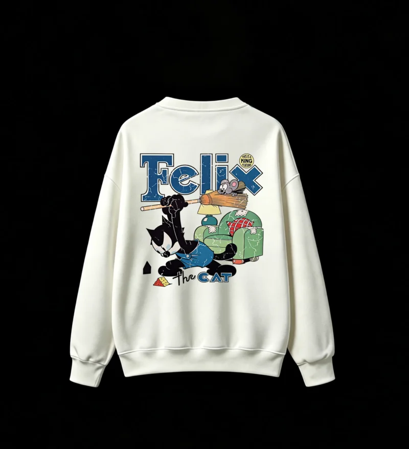 白卫 Felix The Cat Retro Vintage Illustration Oversized Crewneck Sweatshirt with Distressed Texture and Dynamic Pose - Unisex Streetwear Graphic Crew Neck Sweatshirt for Men Women
