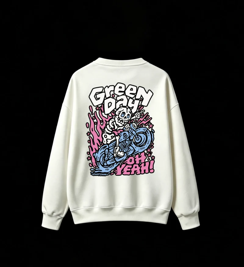 Green Day Oh Yeah! Cartoon Skeleton Motorcycle Pink Flames Punk Rock Graphic Sweatshirt - Casual Crew Neck Cotton Sweatshirt