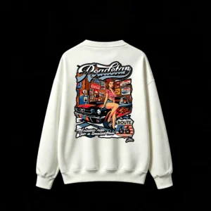 白卫 Roadstar Retro 1960s Muscle Car Pin-Up Girl Route 66 Americana Gas Station Diner Flame Decal Graphic Sweatshirt
