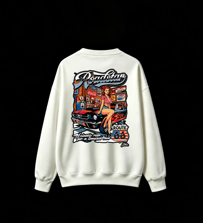 白卫 Roadstar Retro 1960s Muscle Car Pin-Up Girl Route 66 Americana Gas Station Diner Flame Decal Graphic Sweatshirt