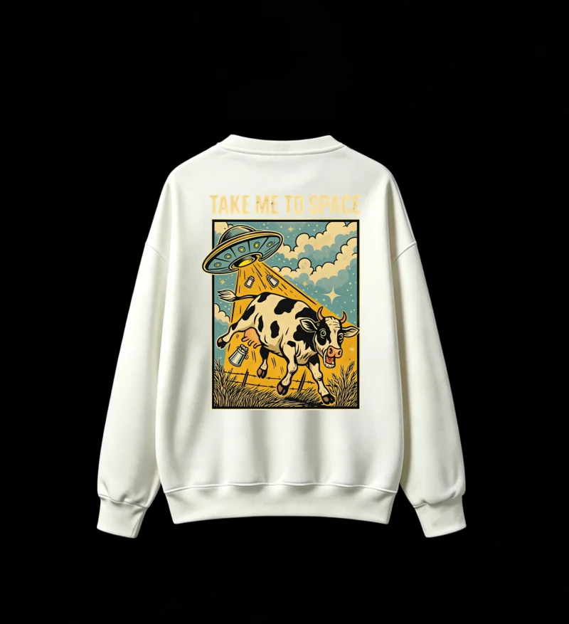 白卫 Take Me To Space Retro UFO Abducting Cow with Milk Bottles - Funny Surreal Sci-Fi Pulp Art Back Print Crew Neck Sweatshirt