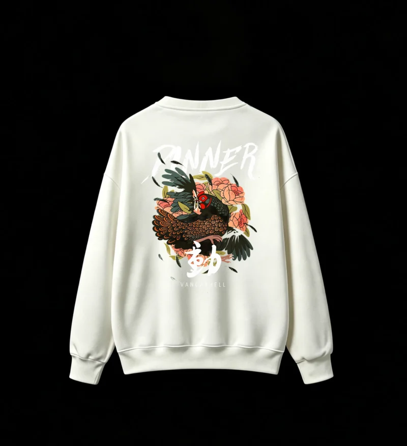 白卫 Pinner Vangarhell Japanese Kanji Bird Peony Graphic Print Crew Neck Sweatshirt