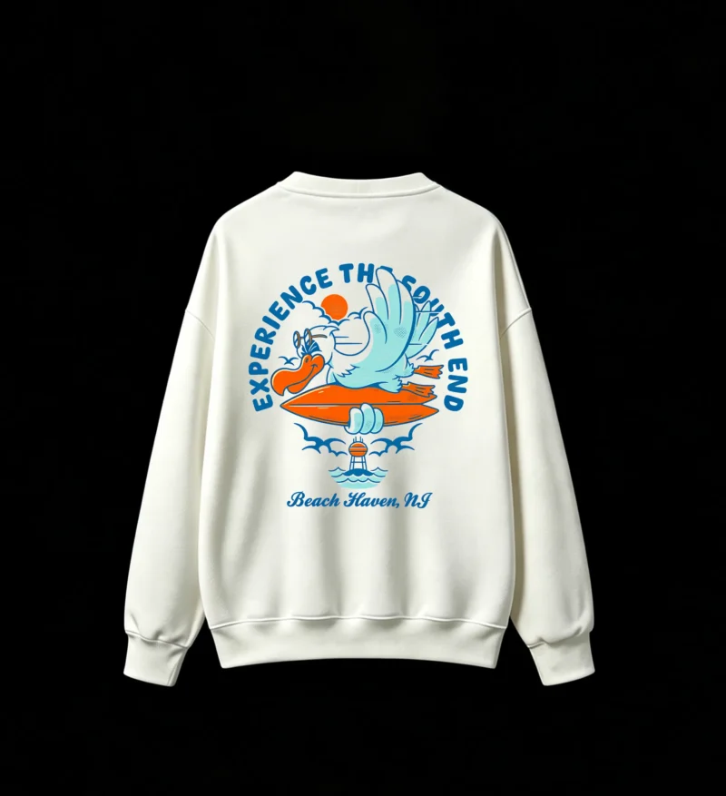 白卫 Experience The South End Beach Haven NJ Pelican Surfing Graphic Crew Neck Sweatshirt