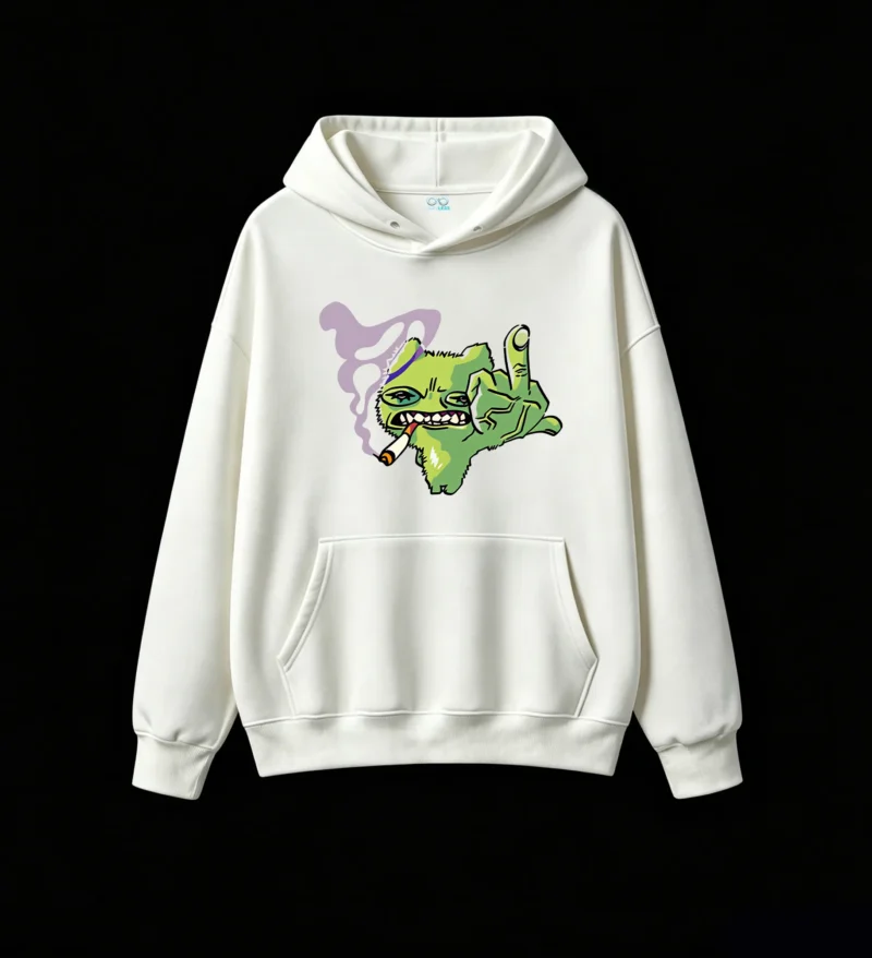 白卫 Funny Smoking Green Cat Middle Finger Graphic Hoodie