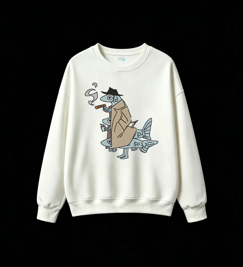 白卫 Funny Fish In Trench Coat Smoking Cigar Back Print Sweatshirt