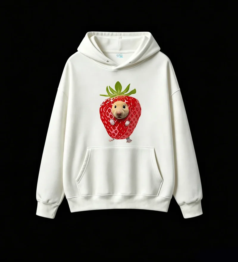 白卫 Cute Hamster Inside Strawberry Graphic Hoodie