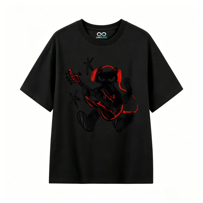 黑t Devil Cartoon Playing Electric Guitar Back Print T-Shirt