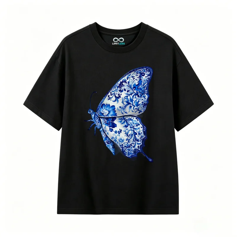 Blue Porcelain Butterfly Back Print T-Shirt