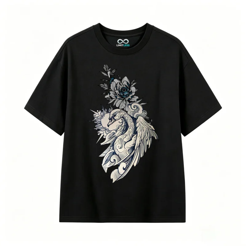 Elegant Swan Floral Back Print T-Shirt
