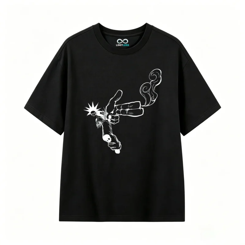 黑t Skeleton Hand Peace Sign Back Print T-Shirt