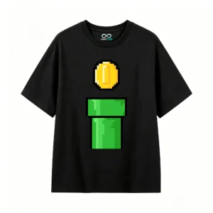 黑t Retro Pixel Coin And Warp Pipe Back Print T-Shirt