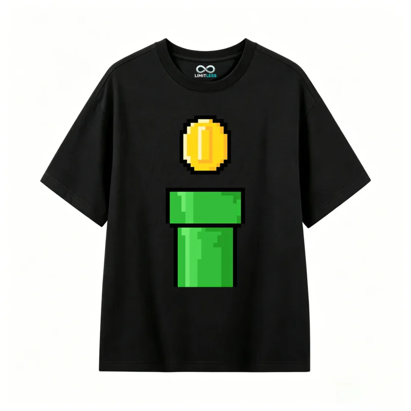 黑t Retro Pixel Coin And Warp Pipe Back Print T-Shirt