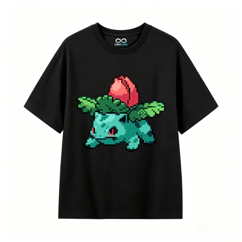黑t Pixel Art Ivysaur Back Print T-Shirt