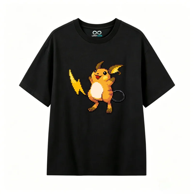 黑t Cute Raichu Pixel Art Back Print T-Shirt