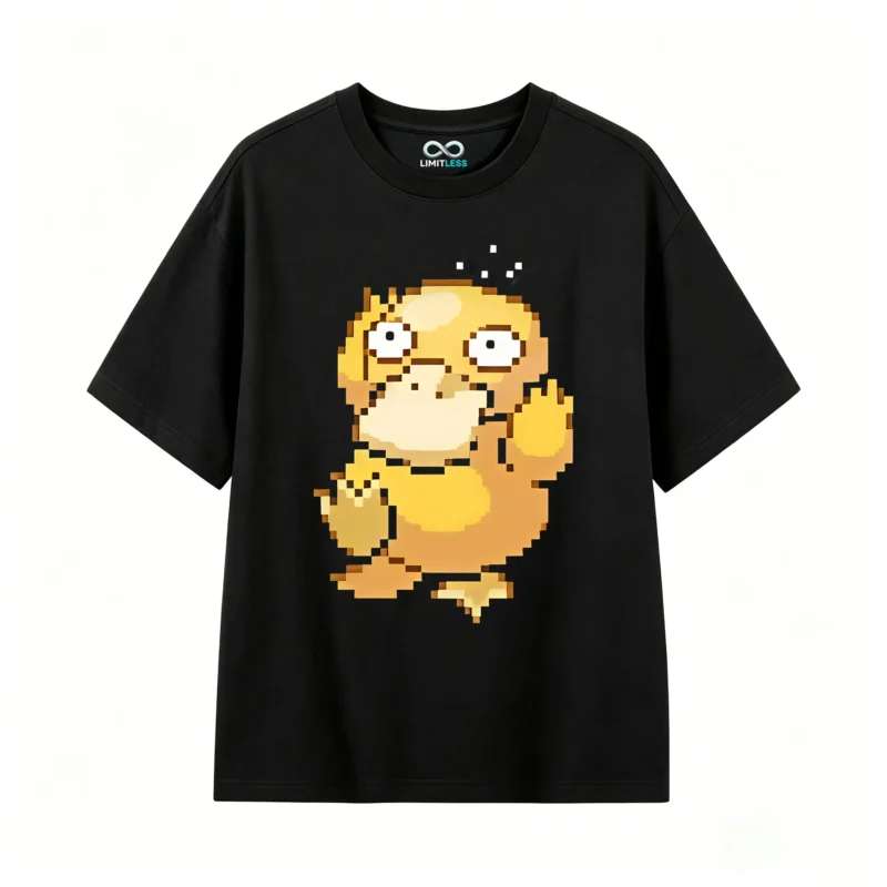 黑t Psyduck Kawaii Pixel Art Back Print T-Shirt