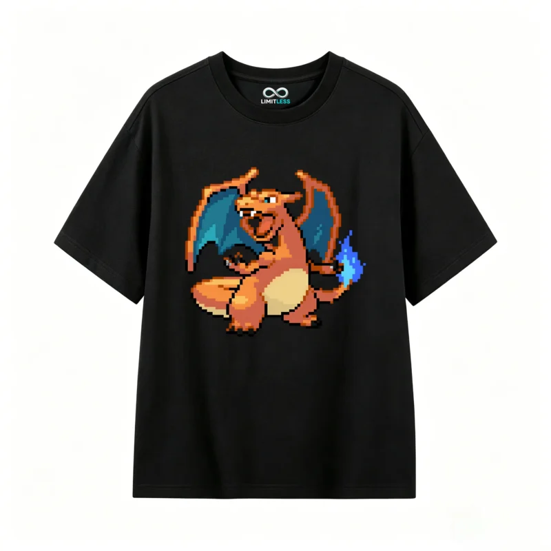 黑t Retro Pixel Charizard Back Graphic T-Shirt