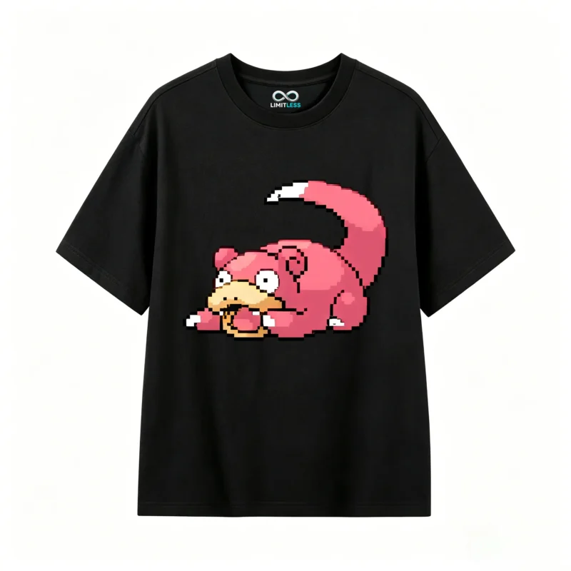 黑t Cute Pixel Pink Slowpoke Back Print T-Shirt
