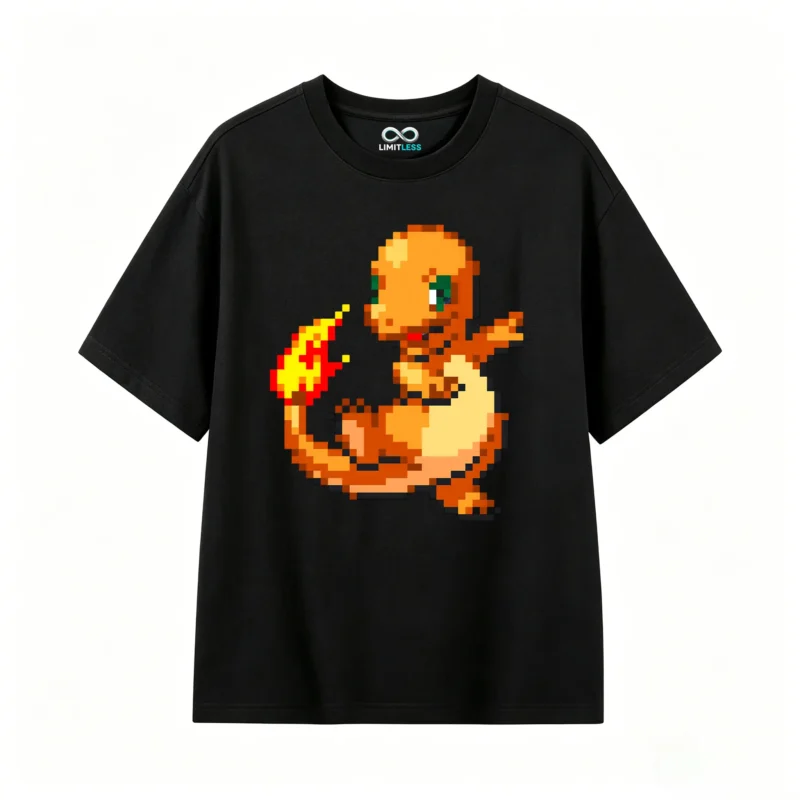 黑t Charmander Pixel Art Back Print T-Shirt