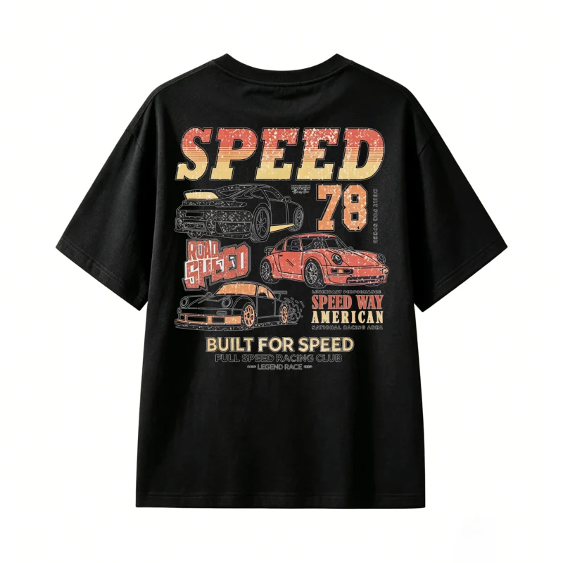 黑t Vintage Speed 78 Racing Car Back Print T-Shirt