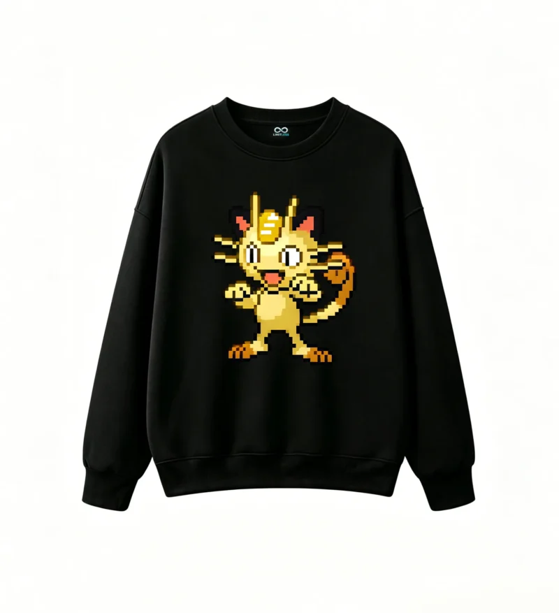 黑卫 Meowth Pixel Art Back Print Crew Neck Sweatshirt