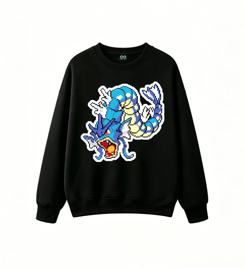 黑卫 Vintage Pixel Art Water Dragon Back Print Crew Neck Sweatshirt