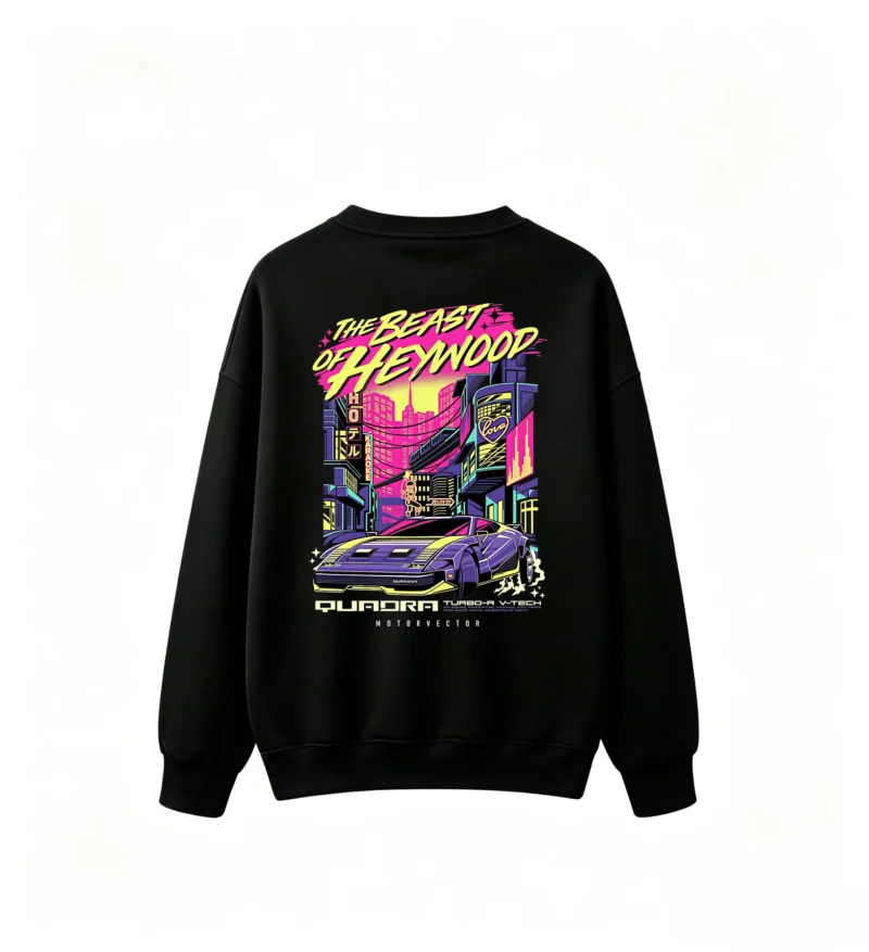 黑卫 THE BEAST OF HEYWOOD Cyberpunk Quadra Turbo-R Retro Futuristic Neon Cityscape Synthwave Anime Sports Car Graphic Print Oversized Crew Neck Sweatshirt