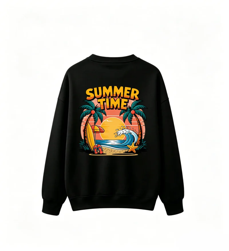 黑卫 Retro Summer Time Beach Palm Trees Surfboard Flip Flops Umbrella Wave Starfish Graphic Print - Men Women Casual Oversized Crew Neck Sweatshirt
