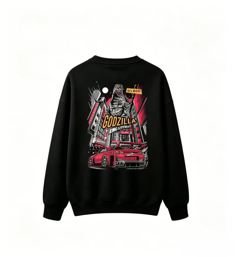 黑卫 Godzilla vs Nissan GT-R R35 1985 Retro Arcade Style Japanese Cityscape - Men's Crew Neck Sweatshirt with Dynamic Back Print