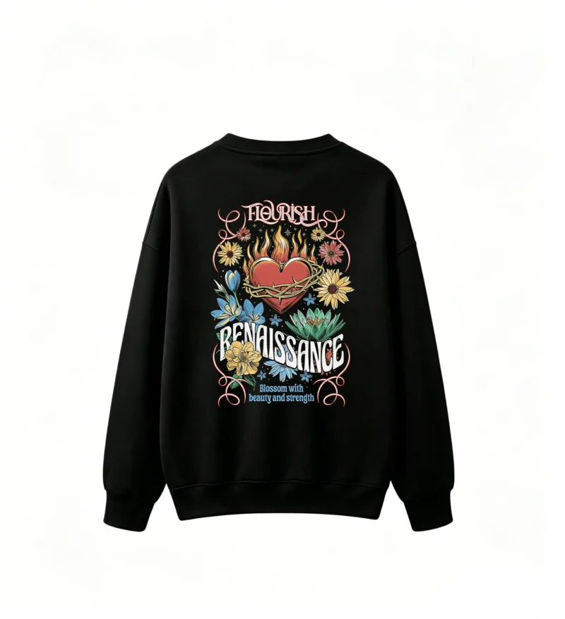 黑卫 FLOURISH RENAISSANCE Gothic Flaming Heart Crown of Thorns Floral Graphic Print Oversized Crewneck Sweatshirt for Men Women