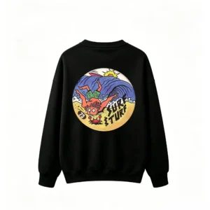 Surf & Turf 73 Cartoon Surfer Wave Crab Yellow Sun Back Print Crew Neck Sweatshirt - Colorful Graphic Tee