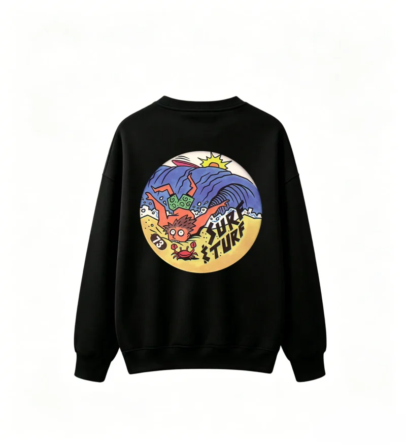 黑卫 Surf & Turf 73 Cartoon Surfer Wave Crab Yellow Sun Back Print Crew Neck Sweatshirt - Colorful Graphic Tee