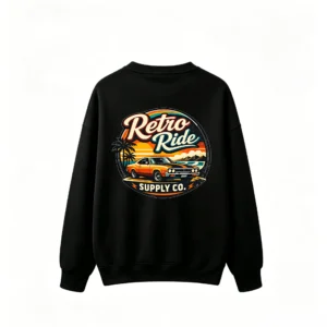 黑卫 Retro Ride Vintage Muscle Car Sunset Palm Trees Distressed Emblem - Cool Crew Neck Sweatshirt
