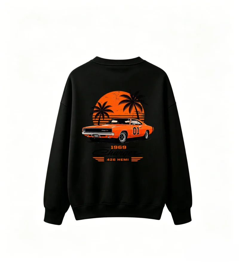 1969 Dodge Charger R/T General Lee 426 Hemi Retro Sunset Palm Trees Graphic Print - Men's Oversized Crew Neck Sweatshirt