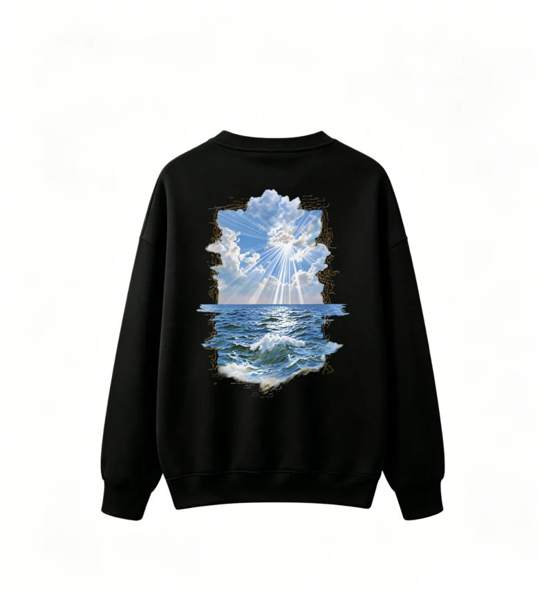 黑卫 Seascape Sun Rays Ocean Waves Artistic Torn Paper Frame Print - Men's Women's Casual Crew Neck Oversized Hoodie