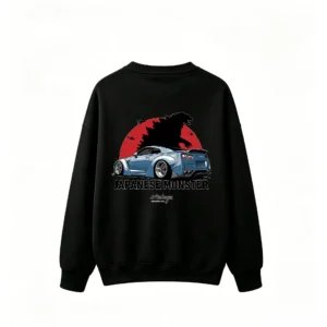 Nissan GT-R Modified Sports Car with Red Sun and Helicopter Silhouette - Men's Crew Neck Sweatshirt