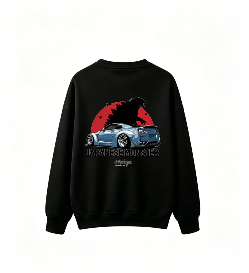 Nissan GT-R Modified Sports Car with Red Sun and Helicopter Silhouette - Men's Crew Neck Sweatshirt