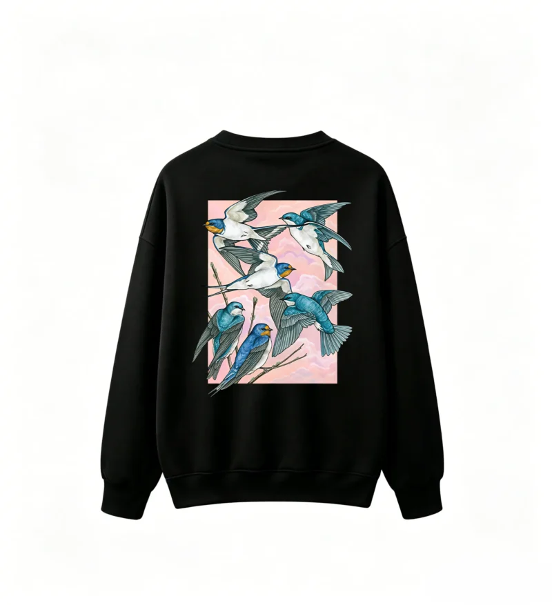 黑卫 Barn Swallows Nature Illustration Vintage Print Crew Neck Hoodie