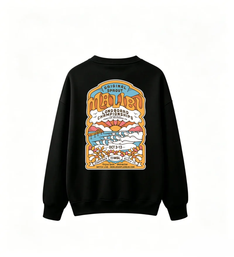 黑卫 Original Sprout Malibu Longboard Championships Vintage Surf Poster Graphic Sweatshirt - Retro 70s 80s Style Crew Neck Cotton Sweatshirt