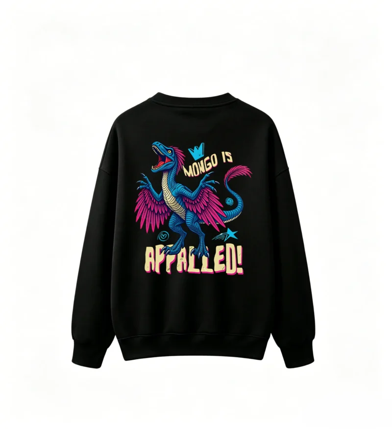 MONGO IS APPALLED! Retro 80s Cartoon Blue Dinosaur Shock Horror Graphic Crew Neck Sweatshirt