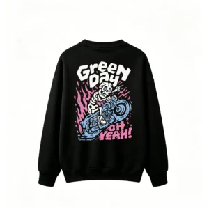 Green Day Oh Yeah! Cartoon Skeleton Motorcycle Pink Flames Punk Rock Graphic Sweatshirt - Casual Crew Neck Cotton Sweatshirt