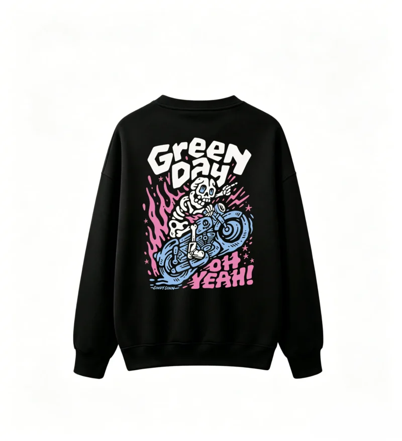 Green Day Oh Yeah! Cartoon Skeleton Motorcycle Pink Flames Punk Rock Graphic Sweatshirt - Casual Crew Neck Cotton Sweatshirt