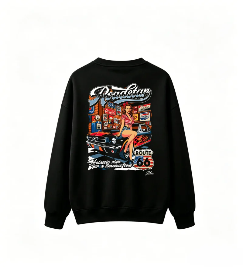 黑卫 Roadstar Retro 1960s Muscle Car Pin-Up Girl Route 66 Americana Gas Station Diner Flame Decal Graphic Sweatshirt