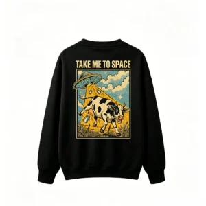 Take Me To Space Retro UFO Abducting Cow with Milk Bottles - Funny Surreal Sci-Fi Pulp Art Back Print Crew Neck Sweatshirt
