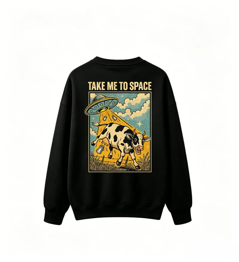 黑卫 Take Me To Space Retro UFO Abducting Cow with Milk Bottles - Funny Surreal Sci-Fi Pulp Art Back Print Crew Neck Sweatshirt